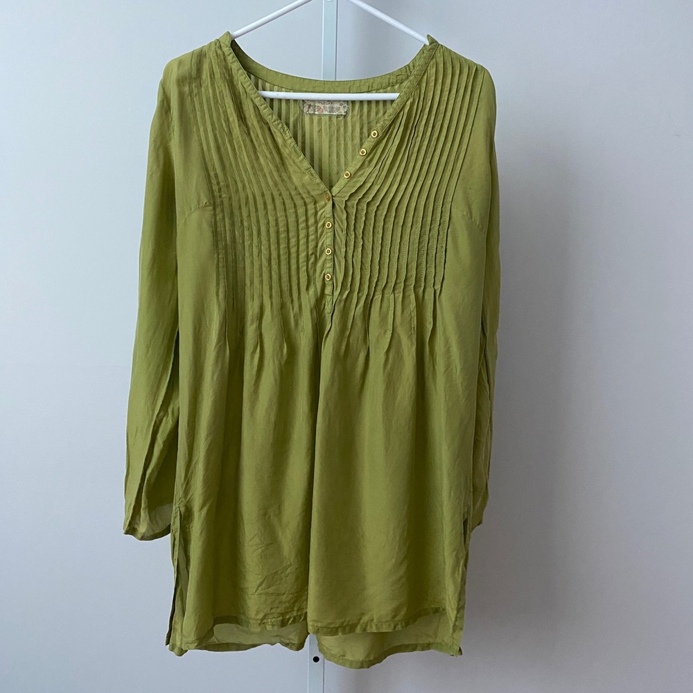 Glam Vintage Soul Cotton Boho Relaxed Pintuck Peasant Tunic Top M Green